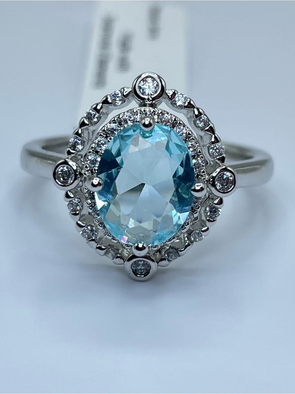 Swarovski Crystal Elements Aquamarine Blue Crystal Halo Art Deco Ring Sz 10